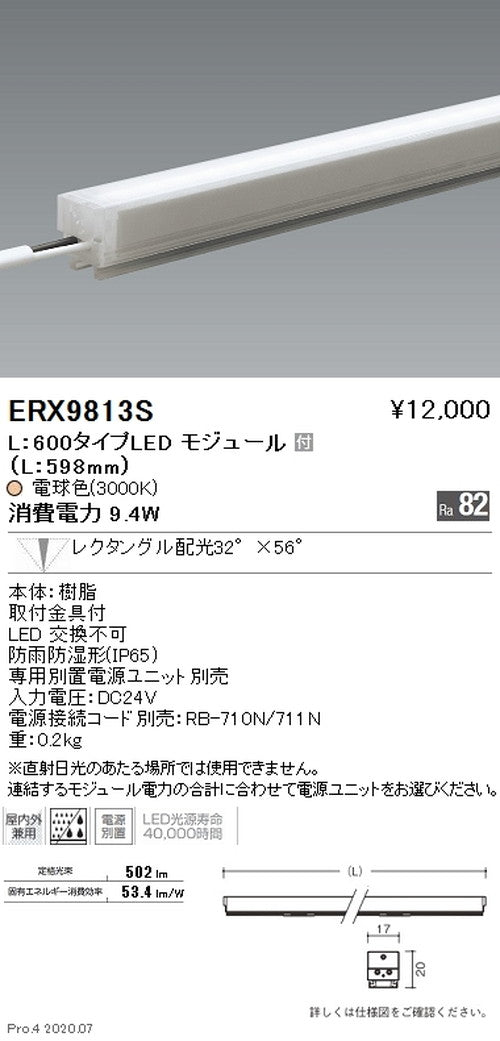 遠藤照明間接照明アウトドアリニア17L:600タイプ狭角配光電球色(3000K)ERX9813S※電源ユニット別売