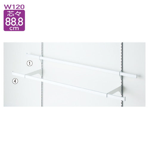 店舗用品システム什器スリット芯々88.8cm用貫通式ミニ角バーセットW120cmホワイトD25cmの商品画像