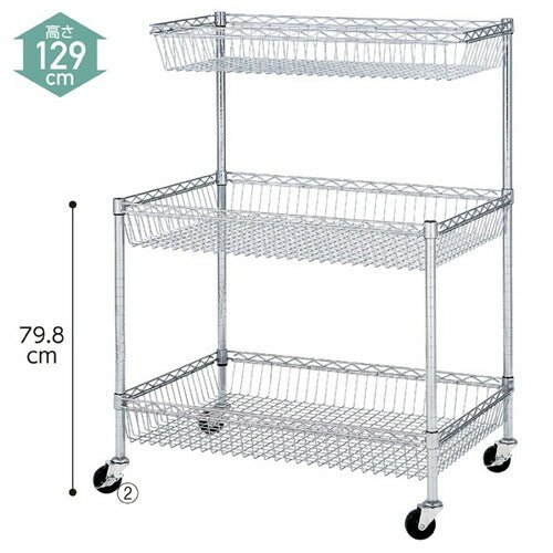 店舗用品シリーズ什器シェルフワゴンH129cmカゴ2段ハーフカゴ付きD45.7cmの商品画像