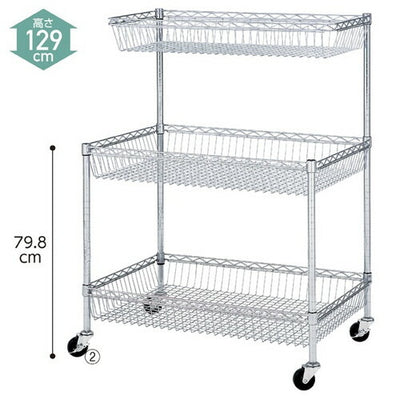 店舗用品シリーズ什器シェルフワゴンH129cmカゴ2段ハーフカゴ付きD60.9cmの商品画像