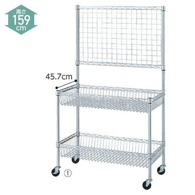 店舗用品シリーズ什器シェルフワゴンH159cm2段展開ネット付きW90cmD60.9cmの商品画像
