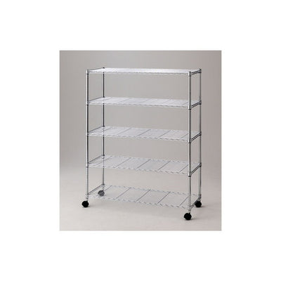 店舗用品シリーズ什器ワイヤーラックローコストD45cmキャスター付きH156cm棚5段D45.7cmW121.2cmの商品画像
