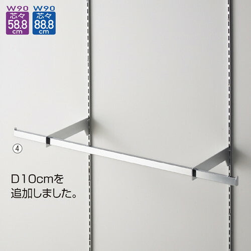 店舗用品システム什器貫通式ミニ角バーセットW90cm(スリット芯々58.8/88.8cm用)D15cmの商品画像