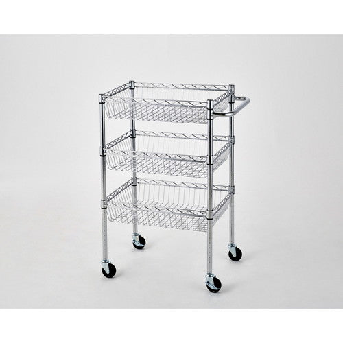 店舗用品シリーズ什器シェルフワゴンH98cm3段展開W90.7×D45.7cmハンドル付きの商品画像