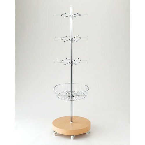 店舗用品店舗什器回転ハンガースタンド円型フック/円型カゴセット木製ベースカバーエクリュの商品画像