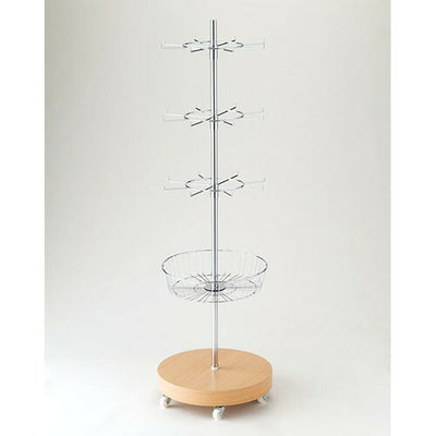 店舗用品店舗什器回転ハンガースタンド円型フック/円型カゴセット木製ベースカバーエクリュの商品画像