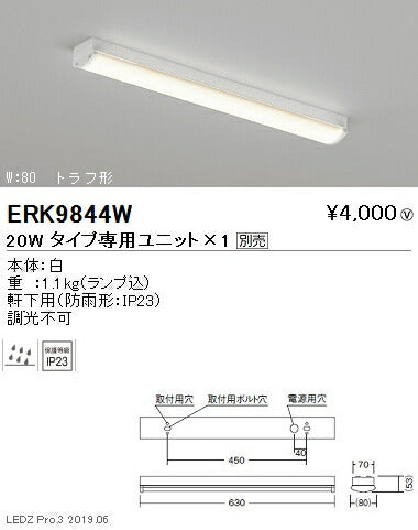 遠藤照明アウトドアライト軒下用ベースライト20Wタイプ本体直付トラフ形W:80ERK9844W※ユニット別売