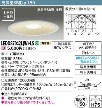 東芝住宅照明浴室灯LEDD87042L(W)-LSの商品画像